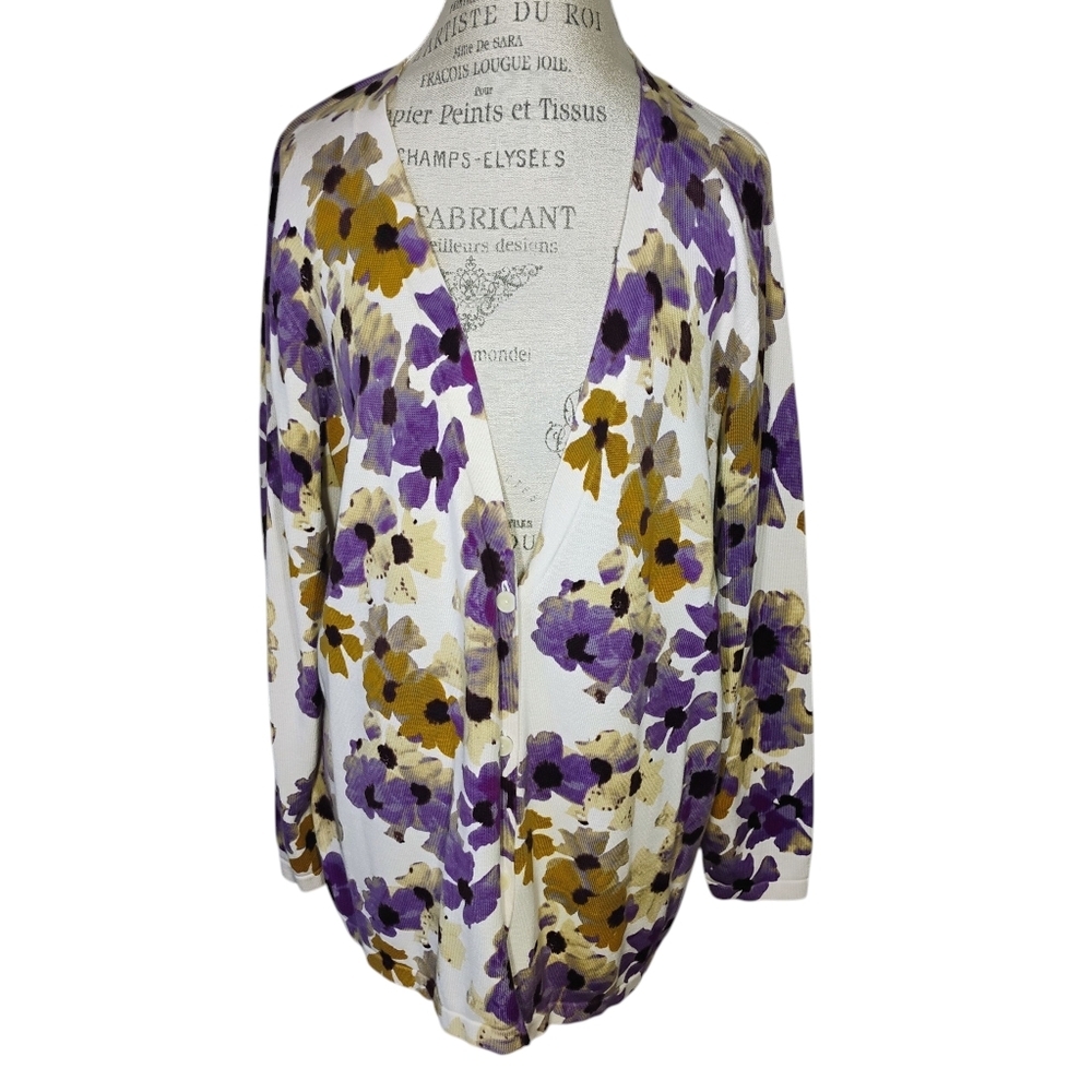 Coldwater Creek Floral‎ Cardigan White Purple Plus 2X Spring Casual Contemporary